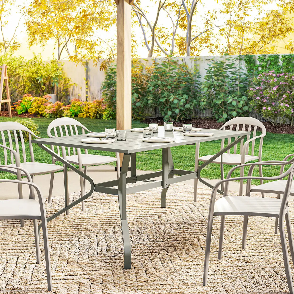 Outsunny Rectangle Garden Table with Parasol Hole, Outdoor Dining Table for 6, Patio Table for Balcony, 150cm x 90cm, Light Grey
