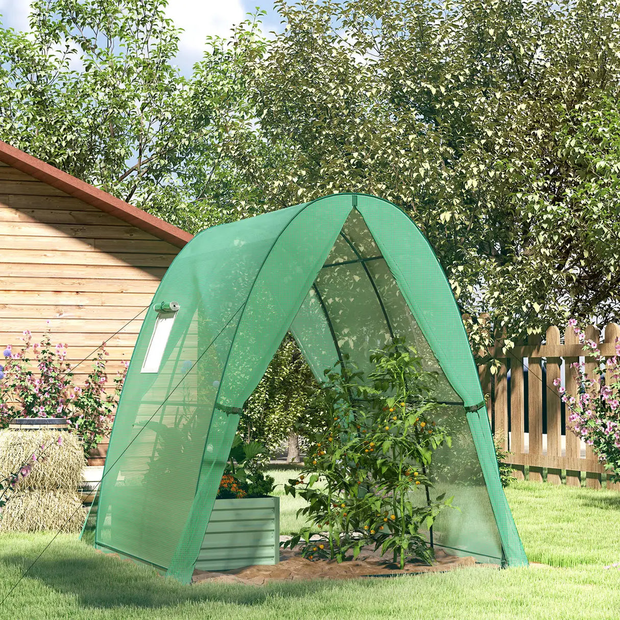 Outsunny Hoop House Greenhouse with Sandbags, Walk-In Tunnel Green House with 2 Doors and Screen Windows, 1.8 x 1.8 x 2m, Green
