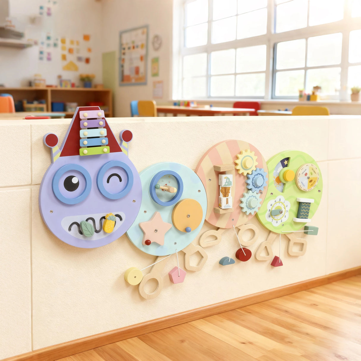 AIYAPLAY Caterpillar Busy Board with 7 Activities, for Nursery, Playroom, Home, for 3+ Years