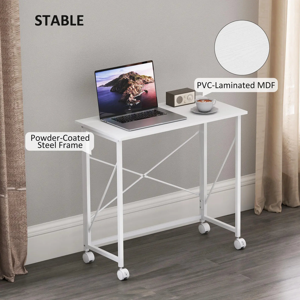 HOMCOM 80 cm Folding Desk on Wheels - White