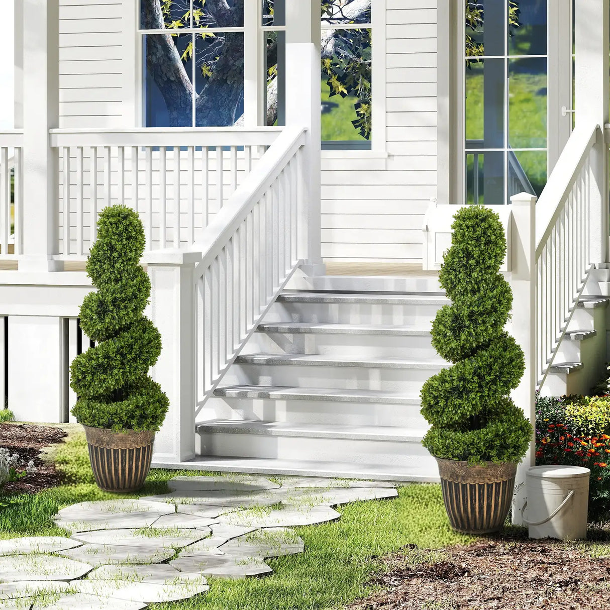 HOMCOM Set of 2 Artificial Plants, Topiary Spiral Boxwood Trees with Pot, for Home Indoor Outdoor Decor, 90cm