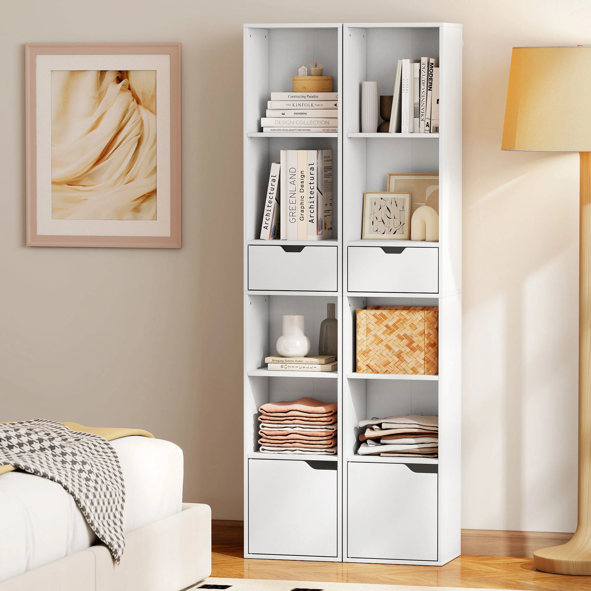 HOMCOM 6-Tier Bookcase, Tall Narrow Bookshelf with Drawer and Door - White