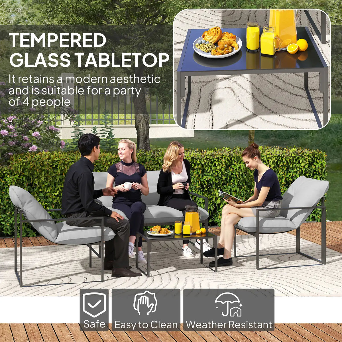 Outsunny Four-Piece Relaxed Back Garden Dining Set - Black/Light Grey