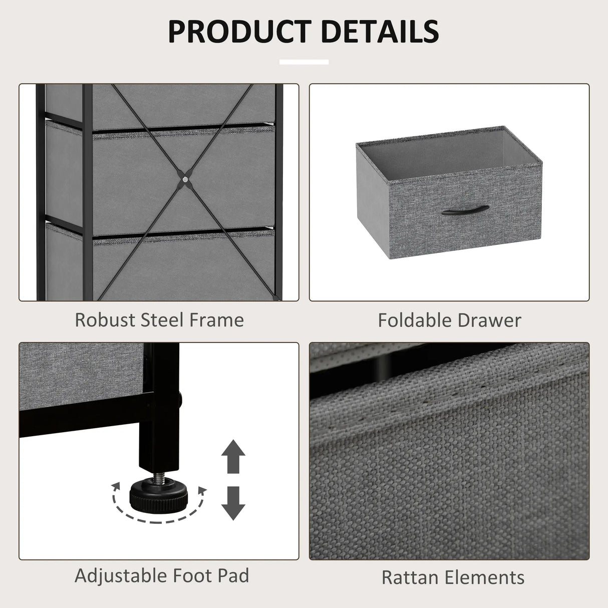 HOMCOM Fabric Chest of Drawers, Industrial Bedroom Dresser with 5 Fabric Drawers, Steel Frame and Wooden Top for Nursery, Living Room, Hallway, Rustic Brown and Grey