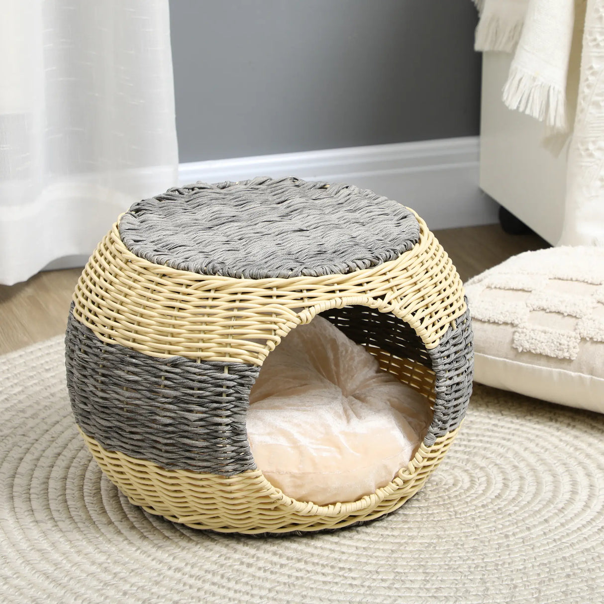 PawHut Wicker Cat House, Rattan Raised Cat Bed, Cosy Kitten Cave with Soft Washable Cushion, 40 x 30cm