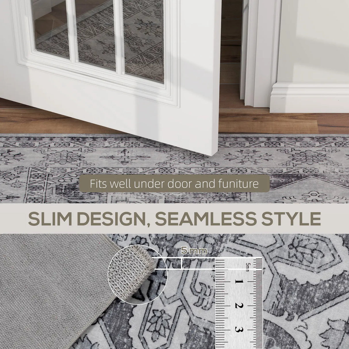HOMCOM Vintage Area Rug, Non-Slip Washable Rug, Flannel Floor Carpet for Living Room, Bedroom, Dining Room, Home Office, 170 x 120 cm, Grey