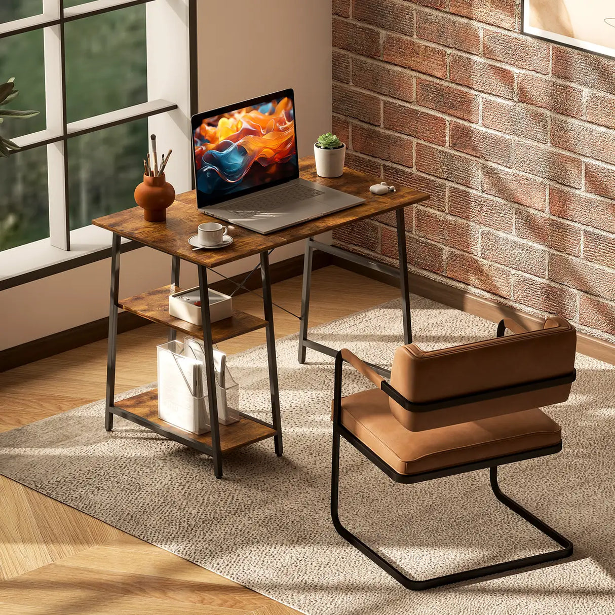 HOMCOM 100cm Computer Desk with Storage, Industrial Home Office Desk with 2 Tier Shelves and Steel Frame, Computer Table for Study Room, Rustic Brown