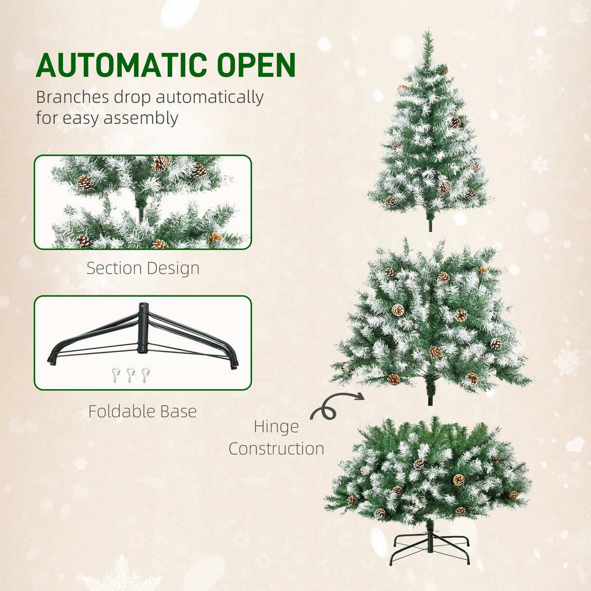 HOMCOM 6FT Artificial Christmas Tree with Pine Cones, Holiday Home Xmas Decoration Automatic Open, Green