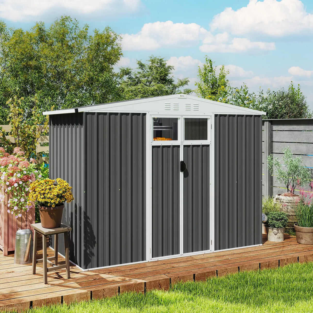 Outsunny 8 x 4 ft Metal Garden Shed, Garden Storage Shed with Window, 4 Vents and Lockable Door, Waterproof Galvanised Steel Tool Storage Cabinet, Dark Grey
