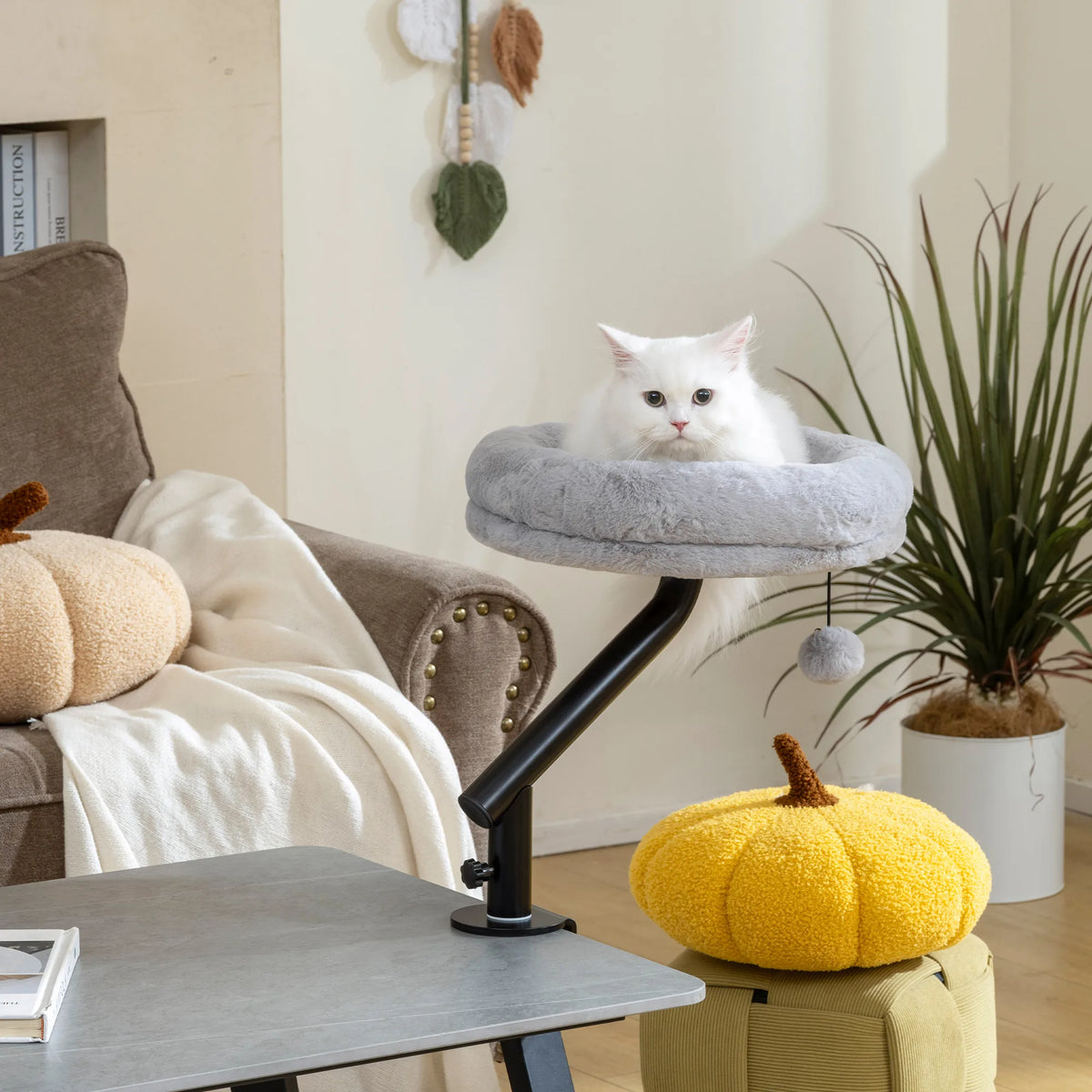 PawHut Cat Desk Bed, Cat Hammock 360 Rotatable Adjustable for Window, Table, Work, Grey