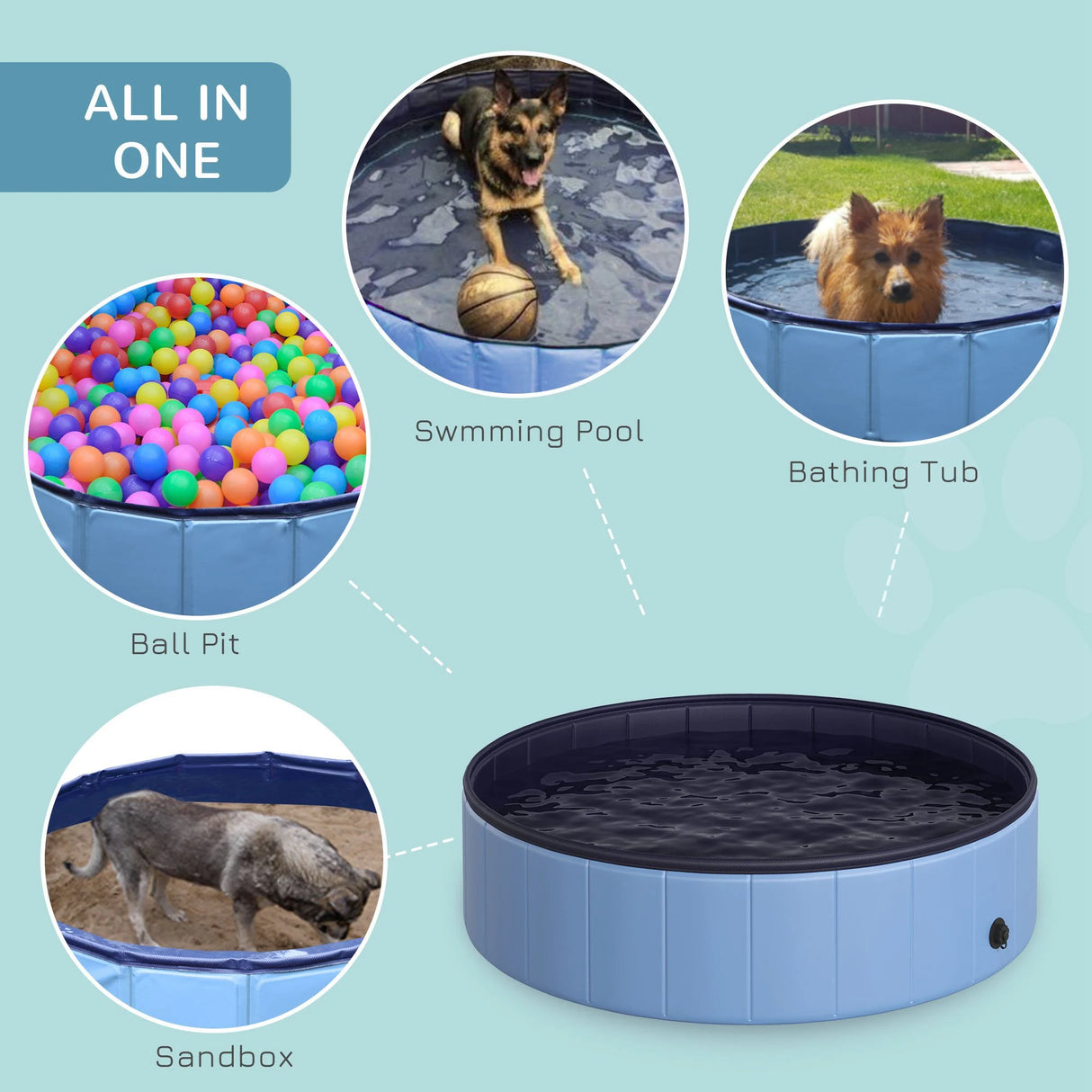 PawHut Dog Paddling Pool, Foldable Dog Pool, Leakproof & Hard Plastic, Portable Pet Bathtub with Non-Slip Base & Drainage Hole, for Indoors, Outdoors, Garden, Patio, 120 x 30 cm, Blue
