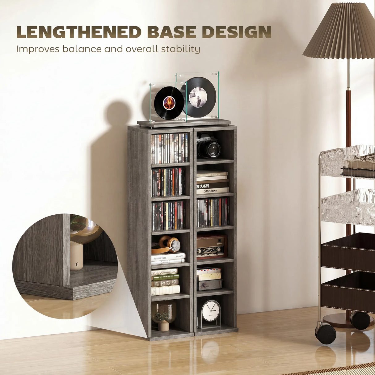 HOMCOM Set of 2 CD Media Display Shelf Unit Tower Rack with Adjustable Shelves, Distressed Grey