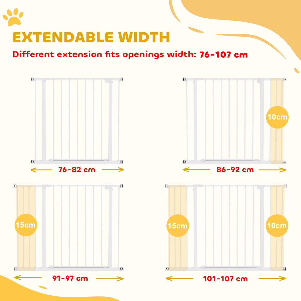 PawHut Dog Gate Pet Safety Gate Stair Barrier Pressure Fit Adjustable 76-82/86-97/101-107 cm, White