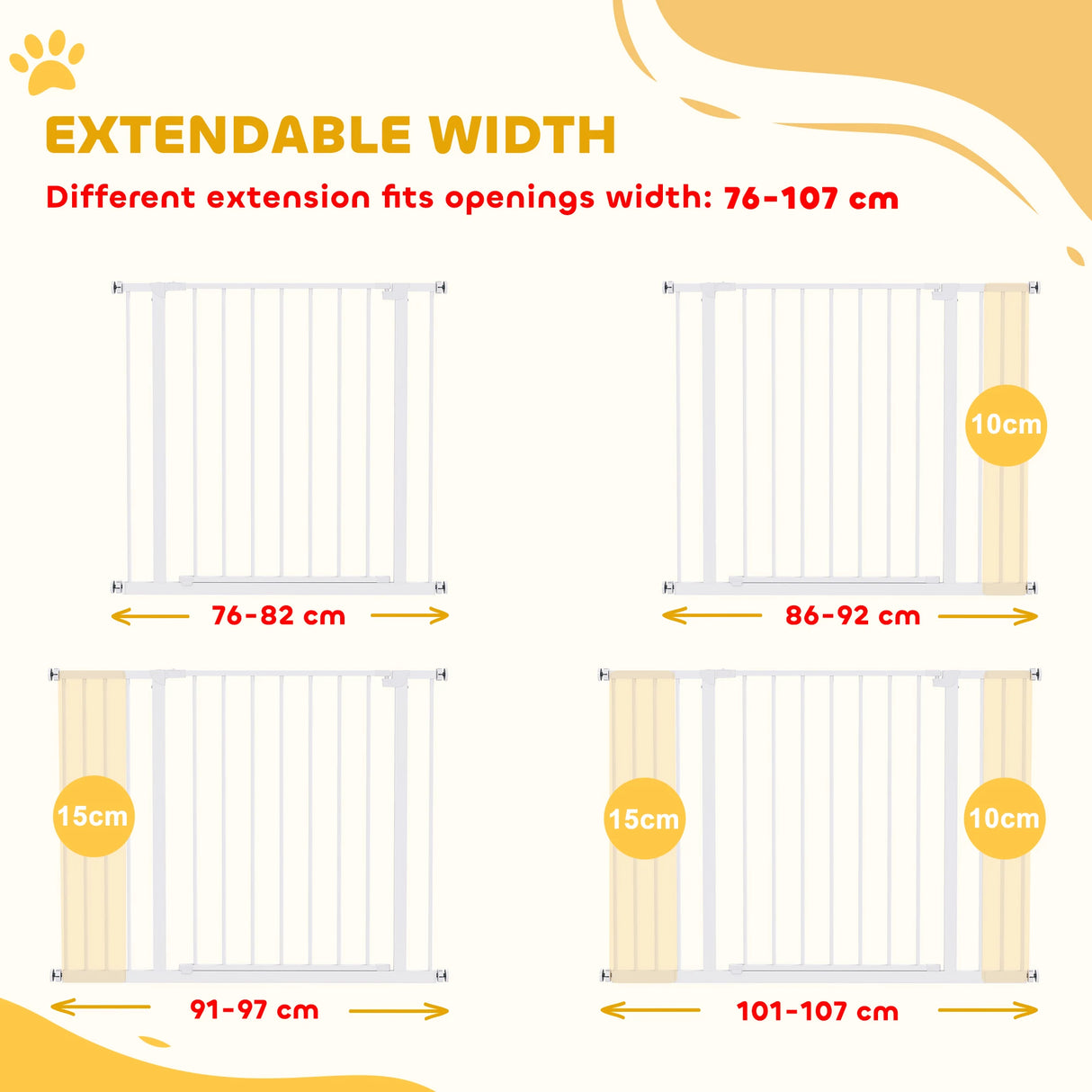 PawHut Dog Gate Pet Safety Gate Stair Barrier Pressure Fit Adjustable 76-82/86-97/101-107 cm, White