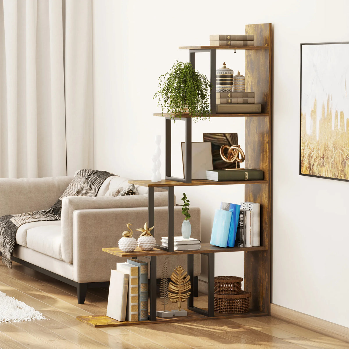 HOMCOM 5-Tier Bookcase, Wooden Ladder Bookshelf Display Stand, Rustic Brown