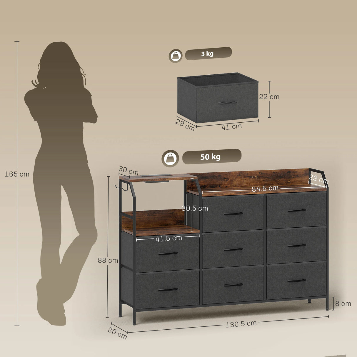 HOMCOM Chest of Eight Drawers, with Charging Station - Brown/Black