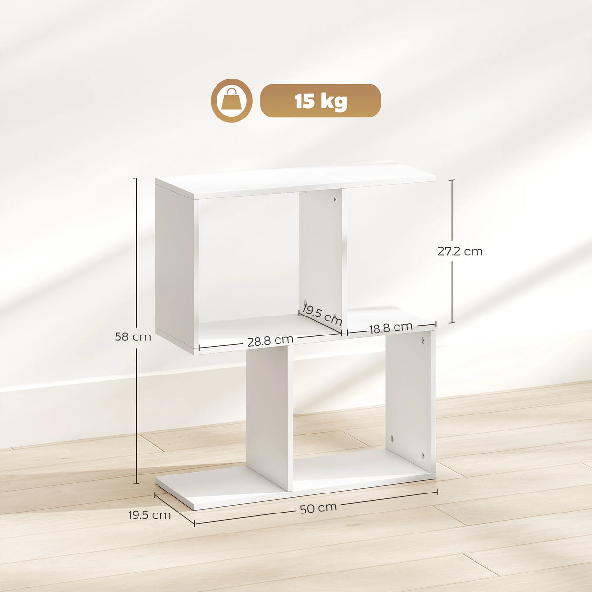 HOMCOM Side Table, Narrow End Table with Storage Shelves, S-Shaped, 3-Tier, 50W x 19.5D x 58H cm, White