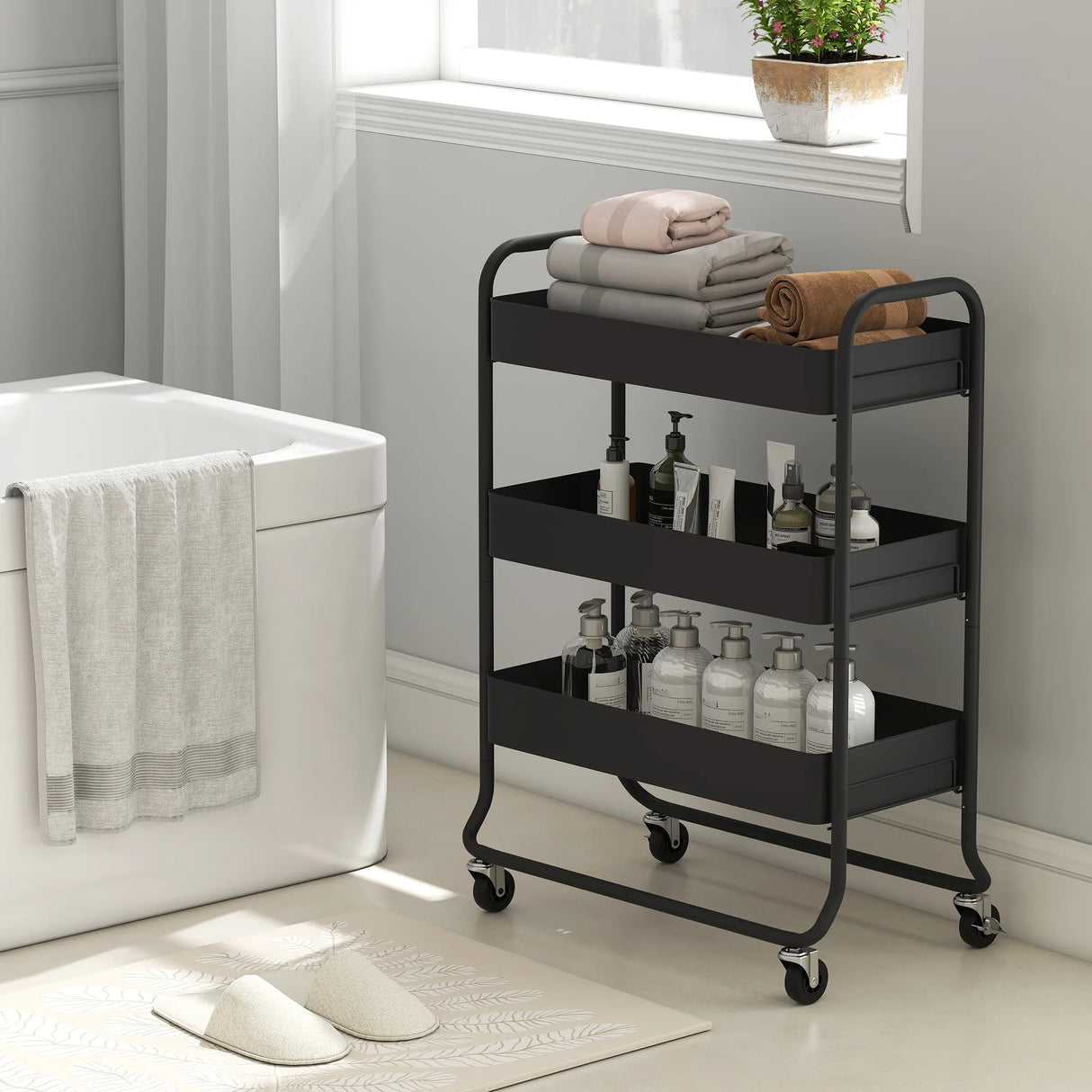 HOMCOM 3-Tier Storage Trolley on Wheels, Rolling Utility Cart with Mesh Backets for Kitchen, Bathroom, Bedroom, Black