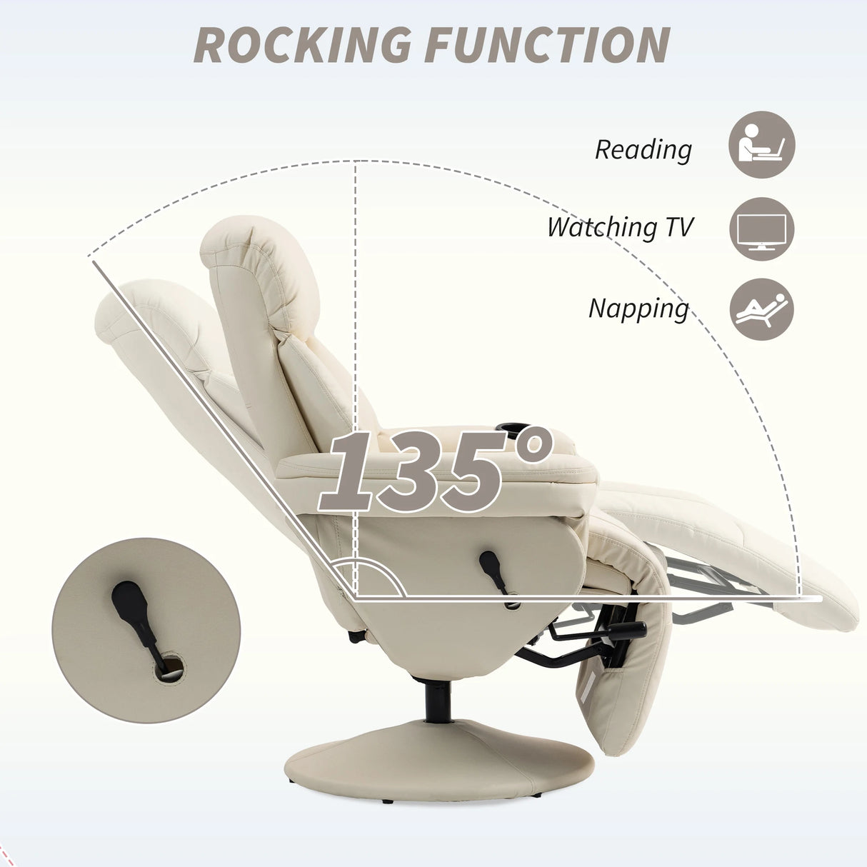 HOMCOM Manual Recliner Chair with Footrest, Upholstered Reclining Armchair with Adjustable Backrest and Cup Holder, PU Leather Swivel Chair for Living Room, Bedroom, Cream White