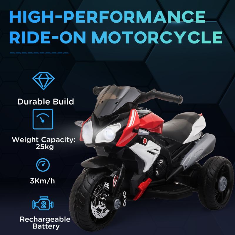 HOMCOM Kids Electric Motorcycle Ride-On Toy, with Three Wheels, Music, Horn, Lights, Red