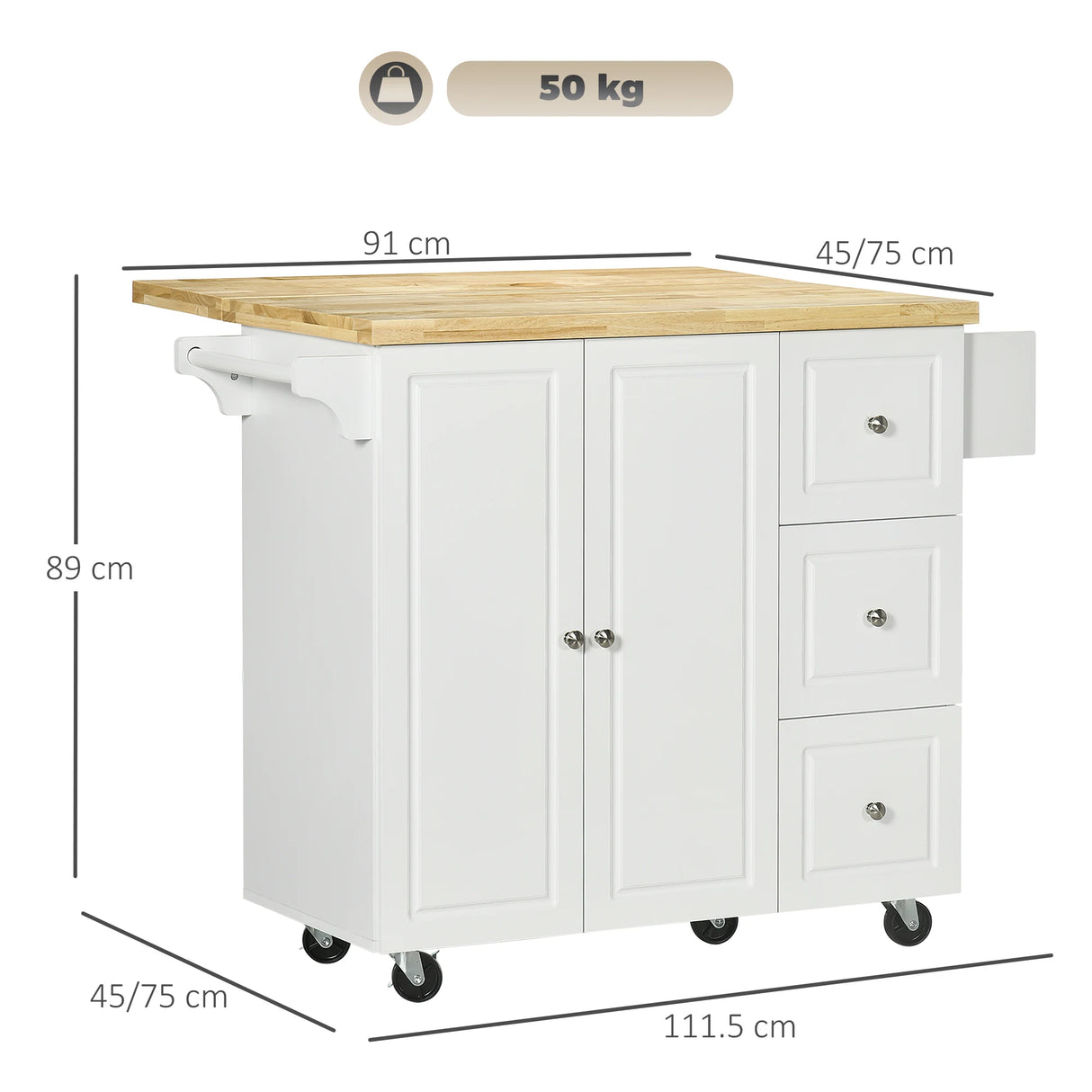 HOMCOM Drop-Leaf Kitchen Island on Wheels with Extendable Rubber Wood Worktop, Rolling Kitchen Storage Trolley, Utility Storage Cart with Drawers & Cabinet for Kitchen, Dining & Living Room, White