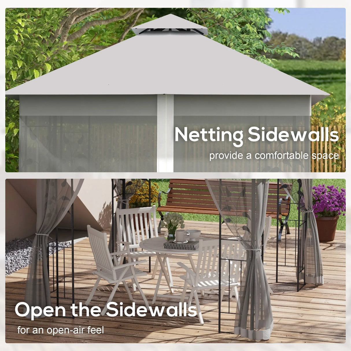 Outsunny 3(m) x 3(m) Double Roof Outdoor Garden Gazebo Canopy Shelter with Netting, Solid Steel Frame, Light Grey