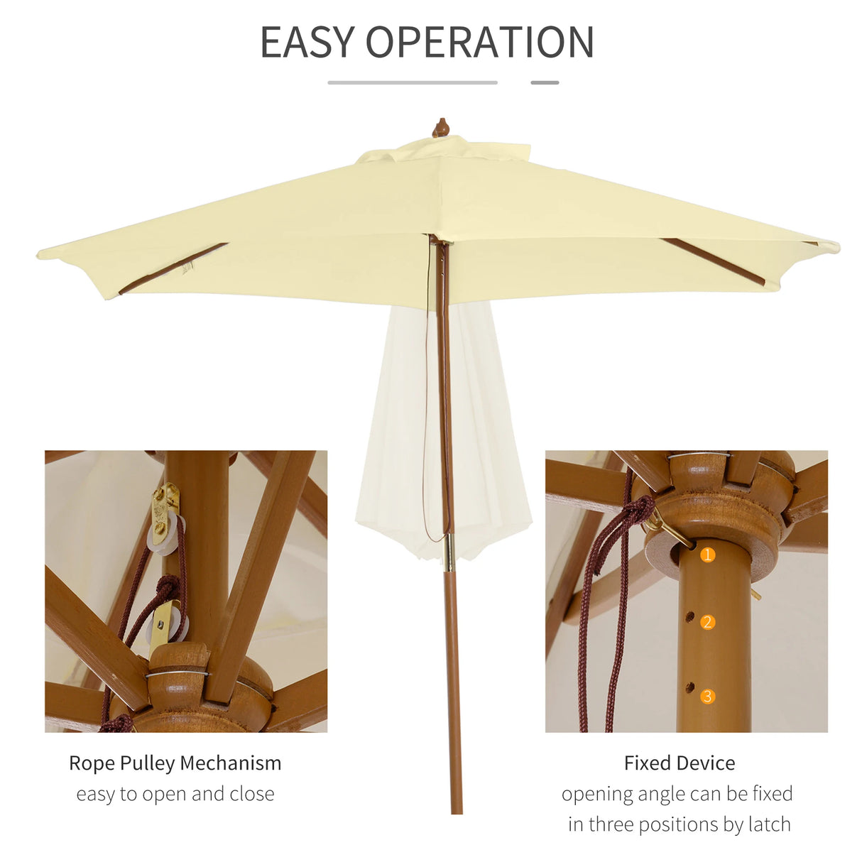 Outsunny 2.5m Wood Garden Parasol Sun Shade Patio Outdoor Wooden Umbrella Canopy, Table Market Umbrella with Vent, 38mm Pole, Rope Pulley Mechanism, Cream White
