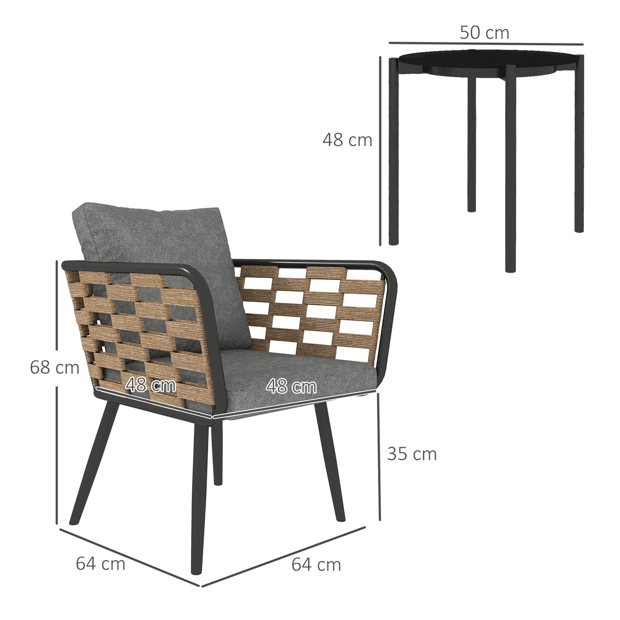 Outsunny 3 Pieces Rattan Bistro Set with Washable Seat and Back Cushions, Glass Top Coffee Table, for Outdoor, Patio, Black