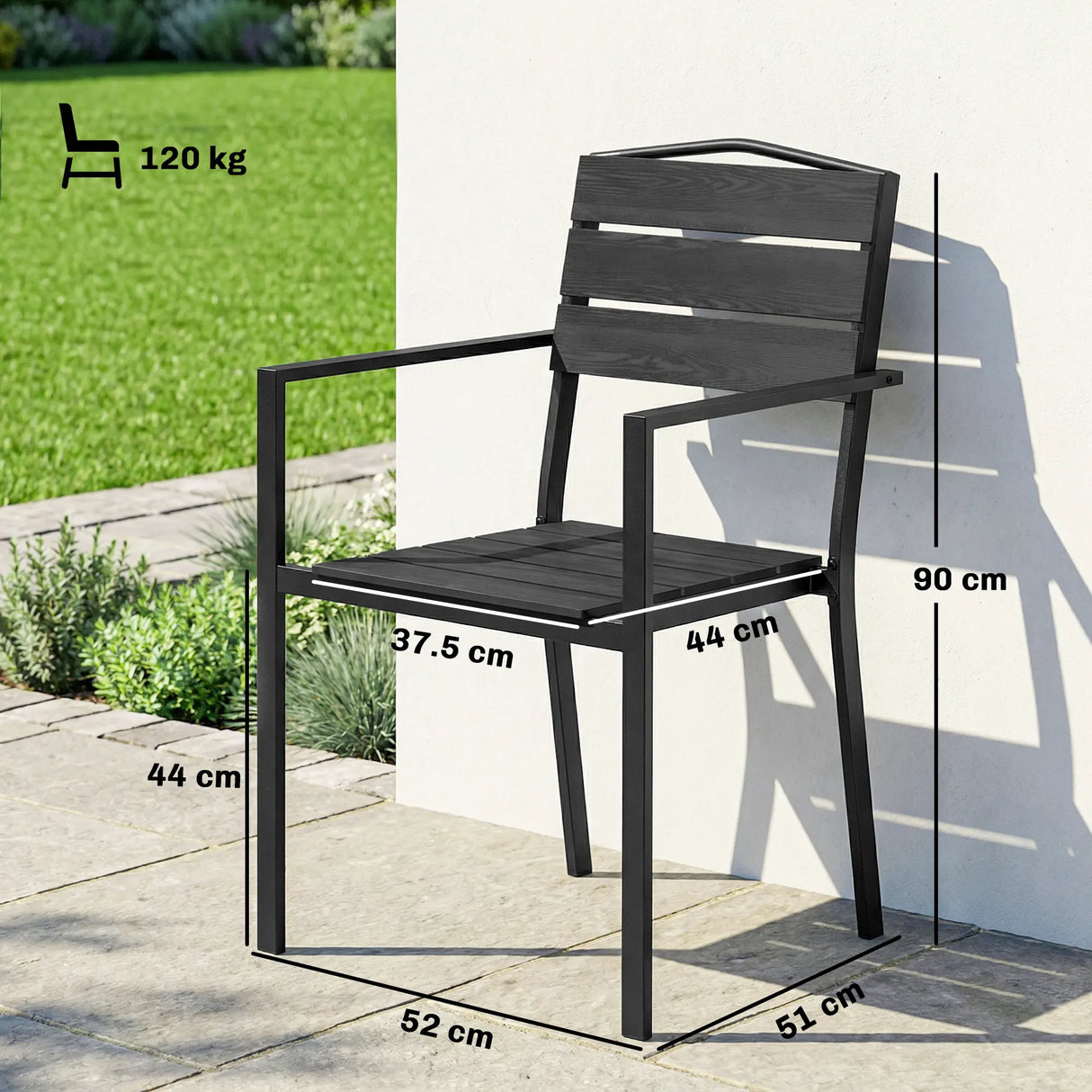 Outsunny Stackable Garden Chairs Set of 4, Garden Dining Chairs with Slatted HDPE Seat Back, Armrests, Metal Frame, Black