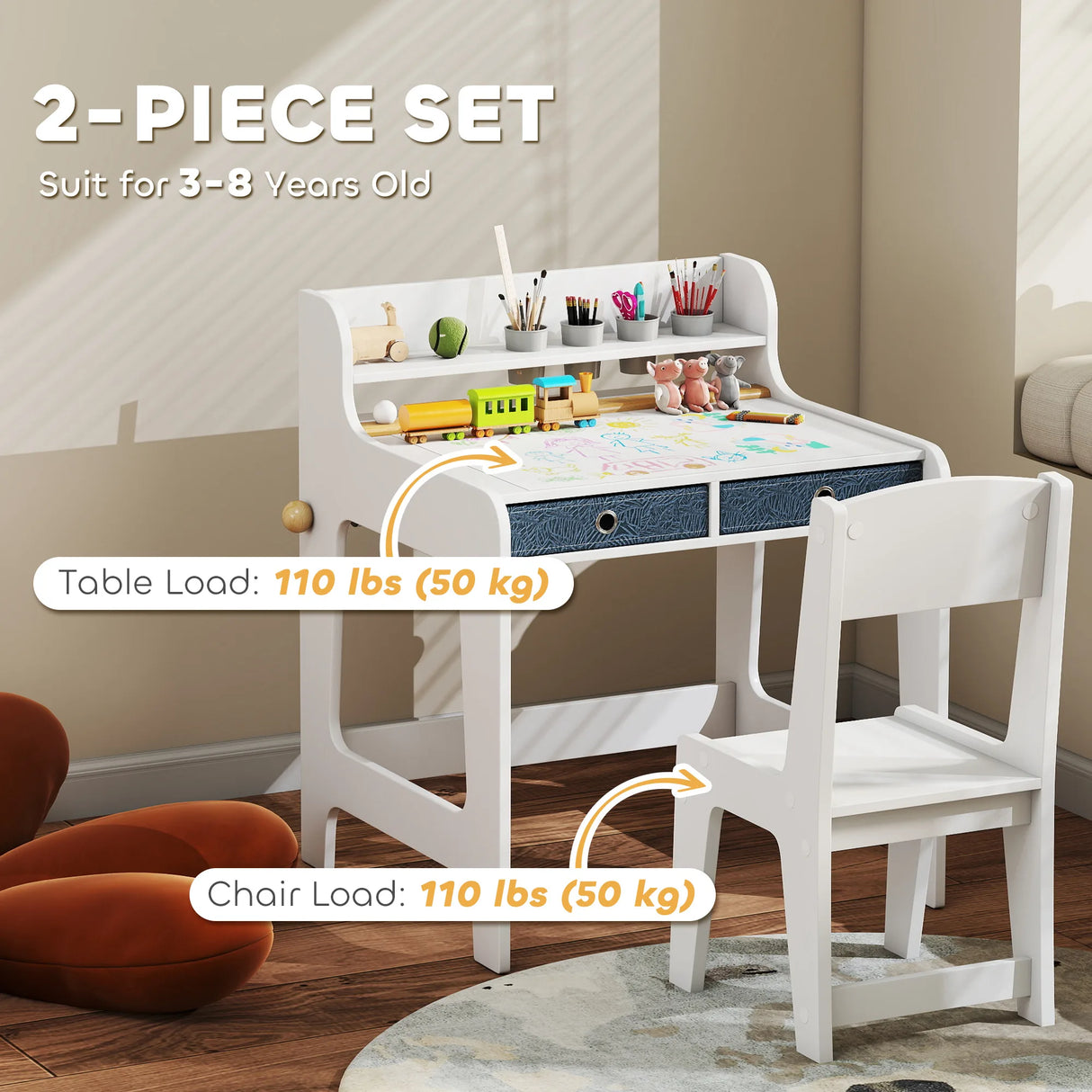AIYAPLAY Art Table and Chair Set for children, Kids Art Desk and Chair Set with Storage Shelf and Drawers