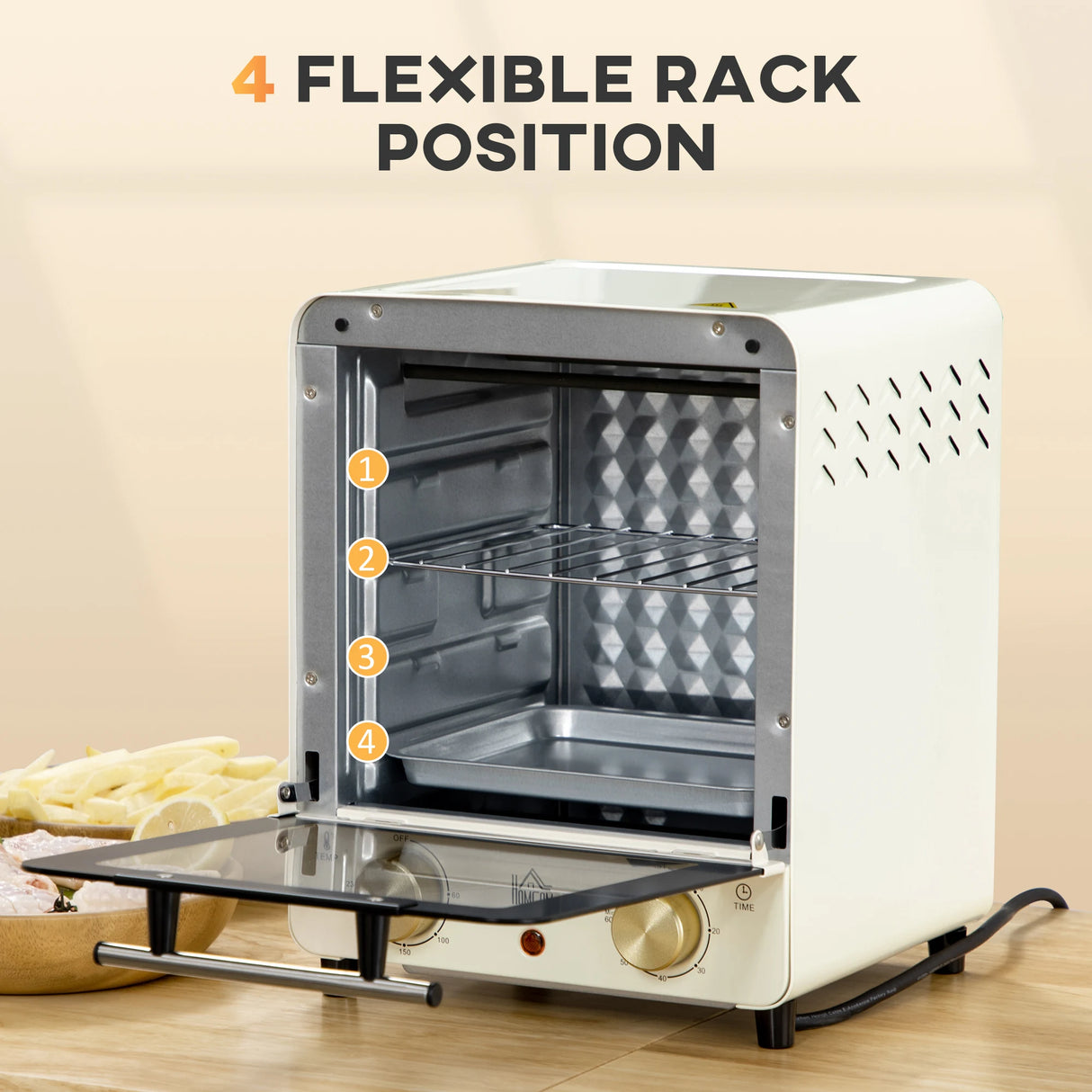 HOMCOM Mini Oven, 15 Litres Electric Oven and Grill with 60-230C Adjustable Temperature, 60 Minute Timer, Include Baking Tray, Wire Rack and Crumb Tray, 1000W, Cream White