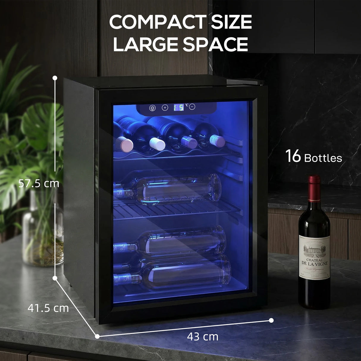 HOMCOM 16 Bottle Wine Cooler, 48 Litre Capacity, 4-16C Under Counter Drinks Beer Wine Fridge with Glass Door, LED Light, Black