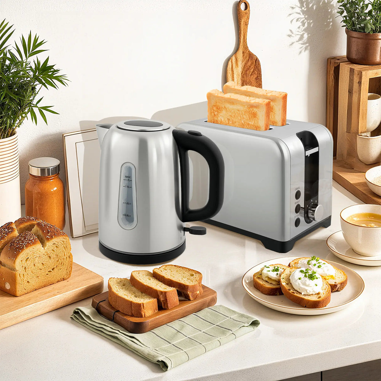 HOMCOM Simple Polished Toaster and Kettle Set - Silver Tone