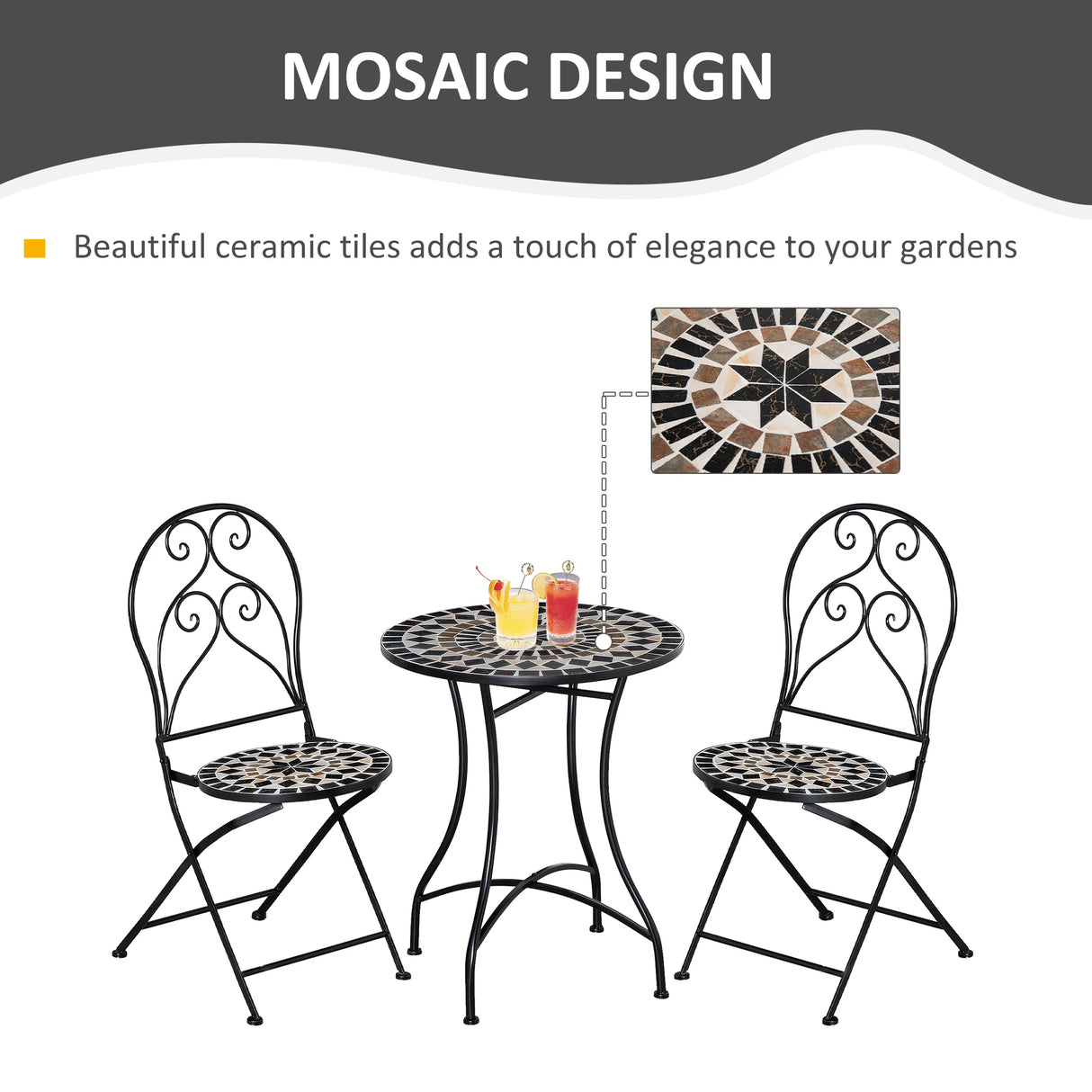 Outsunny 3 Pieces Garden Bistro Set with Coffee Table and 2 Folding Single Chairs, Mosaic Garden Table Top and Seats, Metal Frame, for Patio Balcony, Black