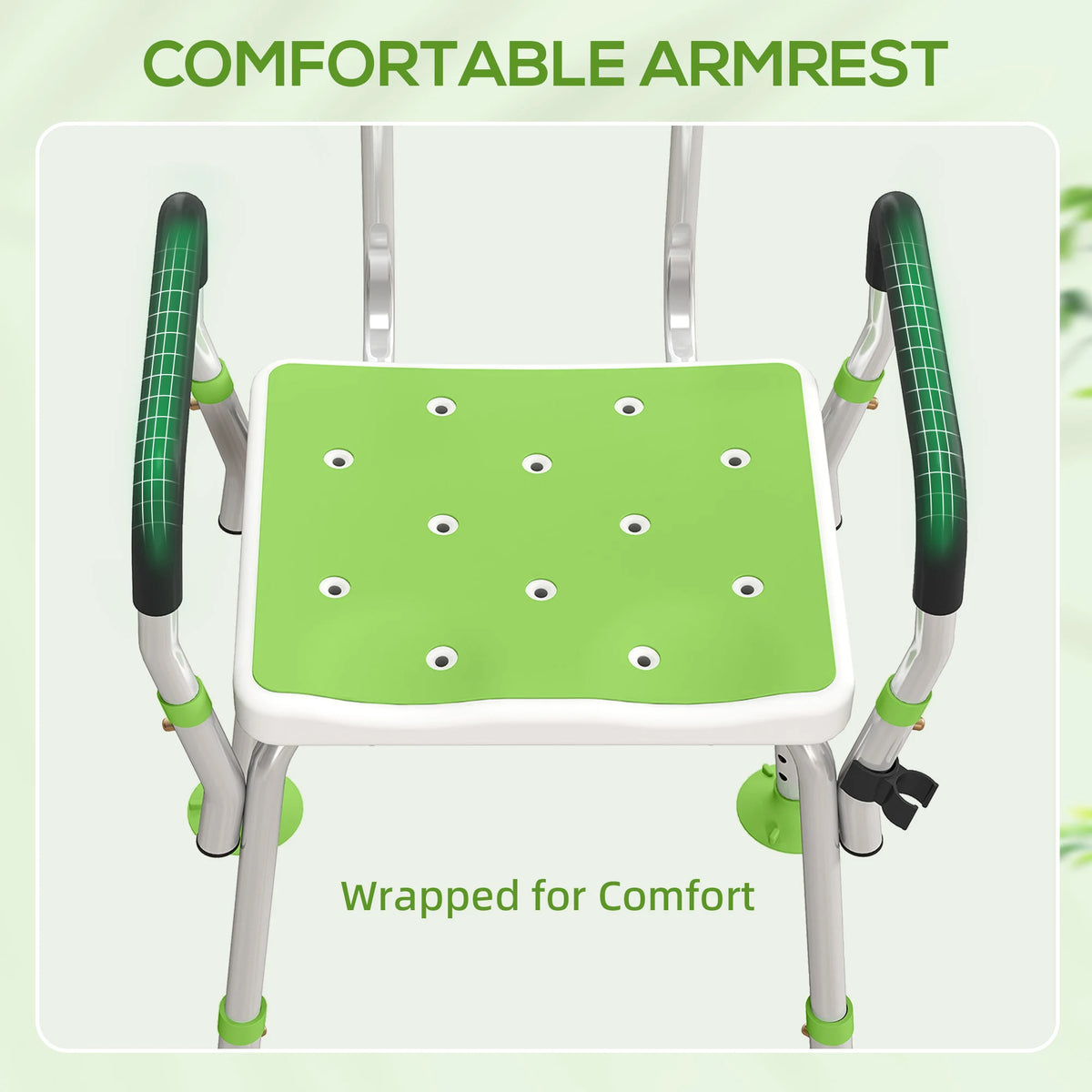 HOMCOM EVA Padded Shower Chair for the Elderly and Disabled, Height Adjustable Shower Stool with Back and Arms, 4 Suction Foot Pads, Green