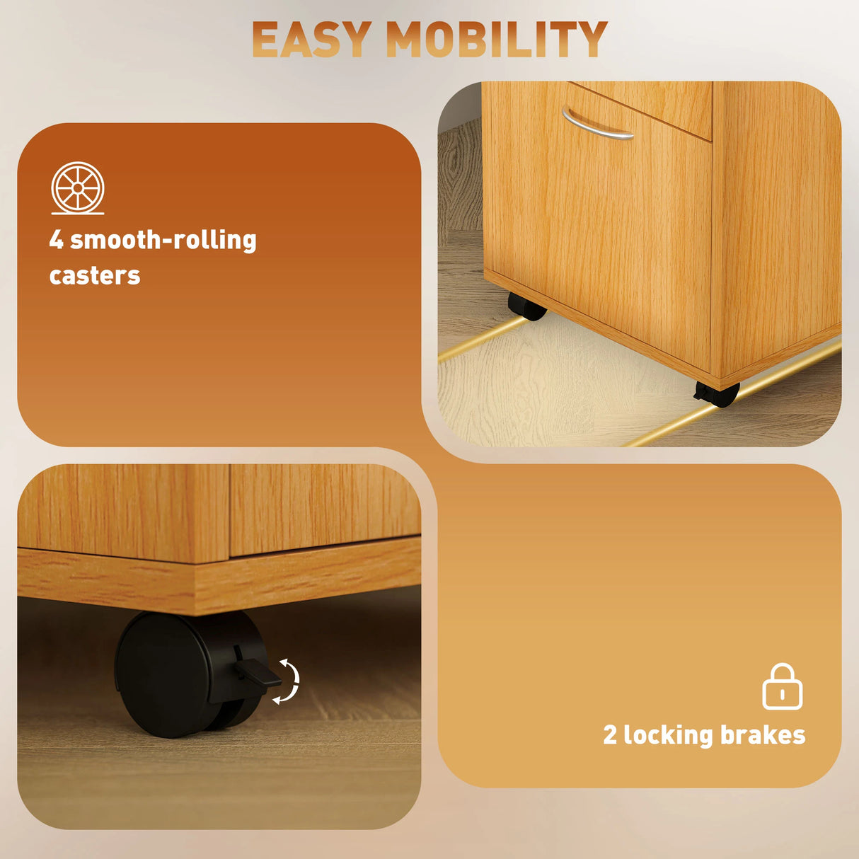 HOMCOM 60cm Filing Cabinet with Drawer, Open Shelf, Metal Handles and 4 Wheels, Office Home Organiser Mobile Printer, Natural Wood Finish