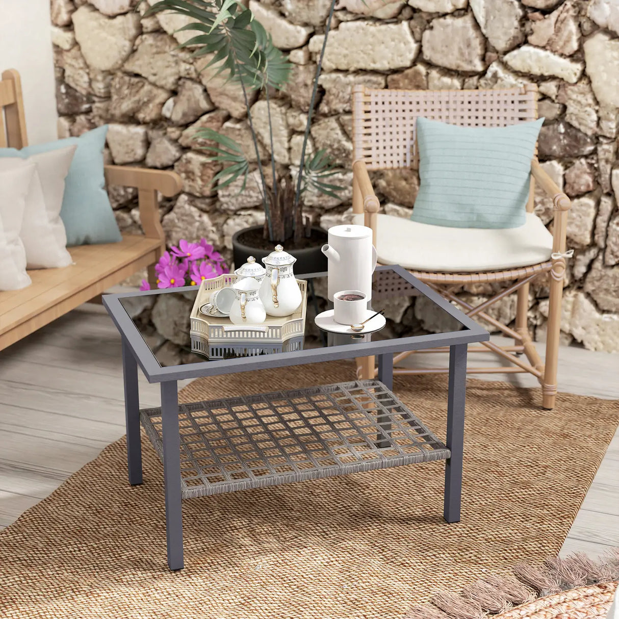 Outsunny Outdoor Rattan Coffee Table with Tempered Glass Top, Storage Shelf, Foot Pads, for Patio, Balcony, Mixed-grey