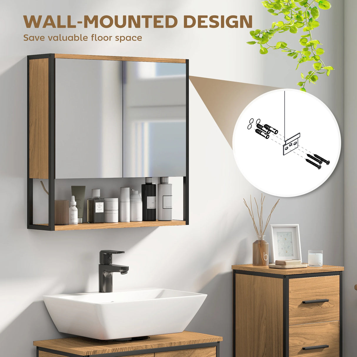 HOMCOM Bathroom Mirror Cabinet with Soft-Close Doors and Adjustable Shelf - Natural Wood Finish