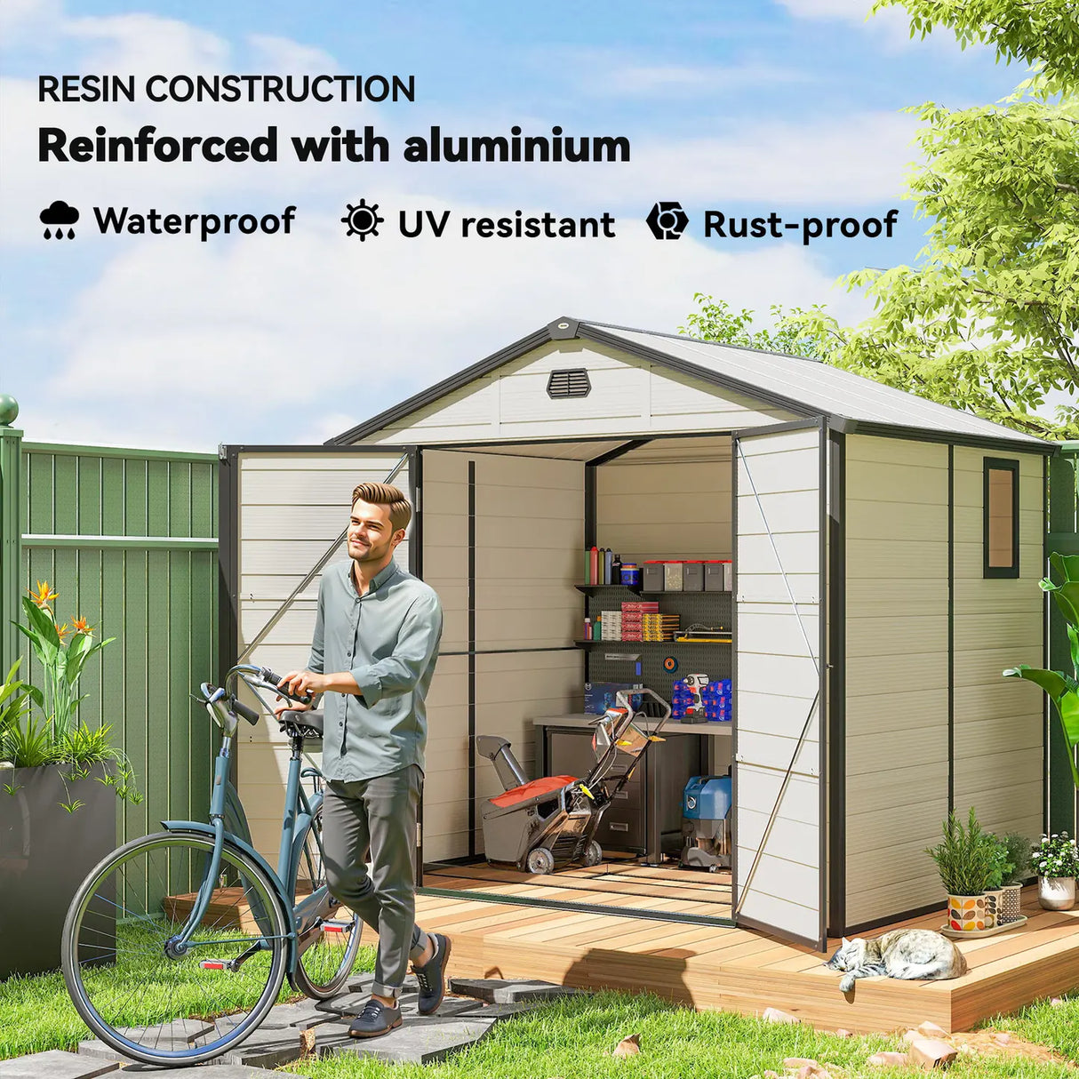 Outsunny 7.9ft x 6.2ft Aluminium Frame and Plastic Wall Shed, with Foundation - Cream White
