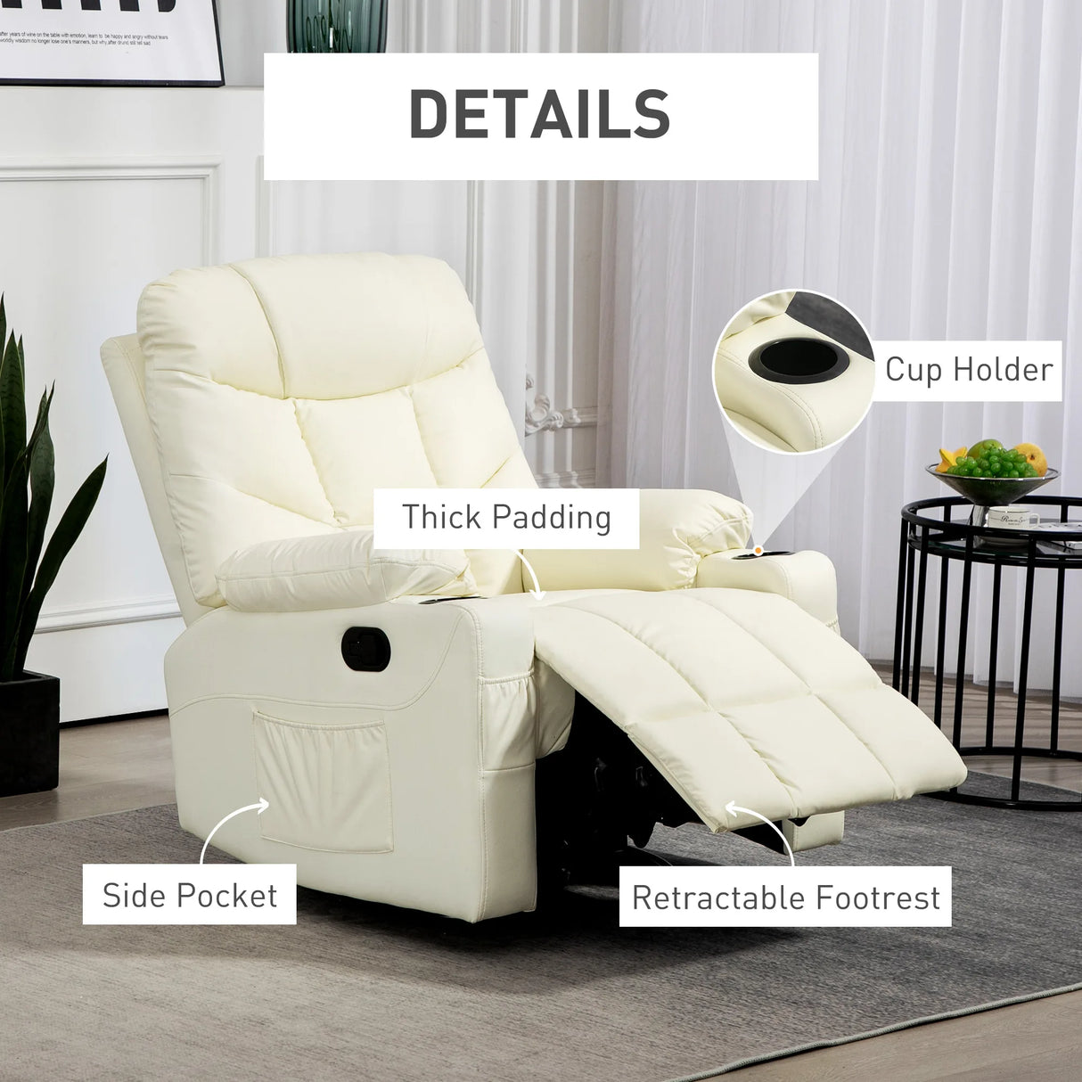 HOMCOM Manual Reclining Chair, Recliner Armchair with Swivel, Faux Leather, Footrest, Cup Holders, 86x93x102cm, Cream