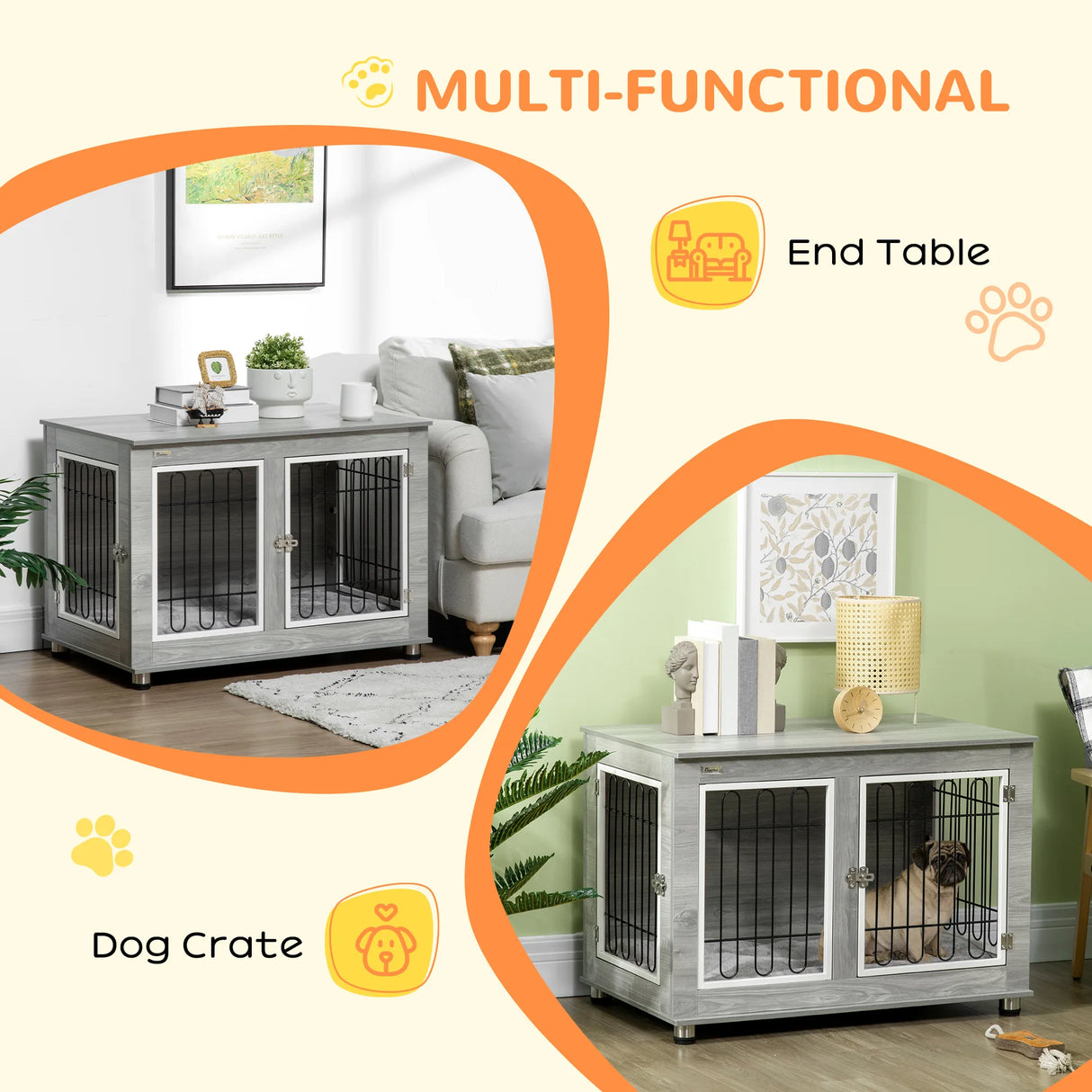 PawHut Dog Crate Furniture End Table, with Washable Cushion, Double Doors, for Medium/Large Dogs, Grey