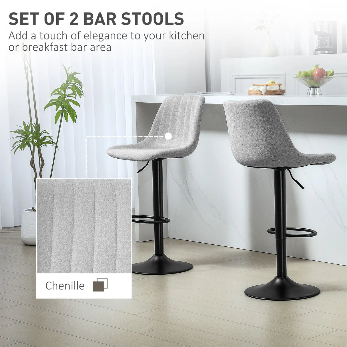HOMCOM Set of Two Chenille-Feel Tub Bat Stools - Grey