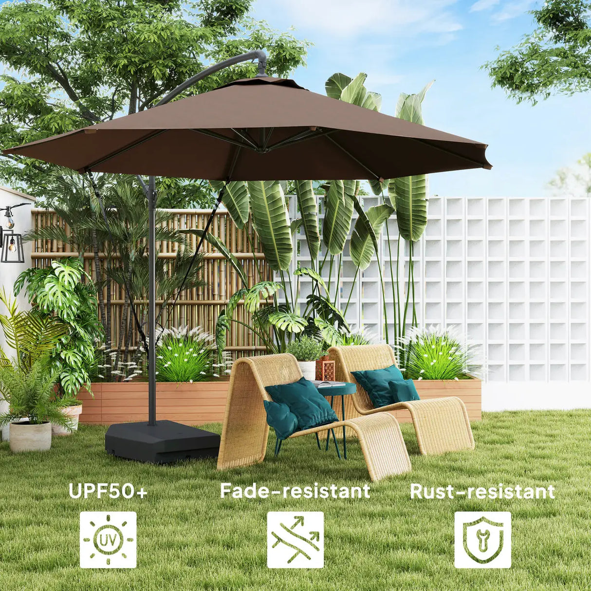 Outsunny 3(m) Garden Cantilever Parasol with Fillable Base up to 90kg, Wind Protection Strap, Cover, Round Banana Hanging Umbrella with Crank Handle and Tilt, UPF50+ Patio Umbrella, Brown