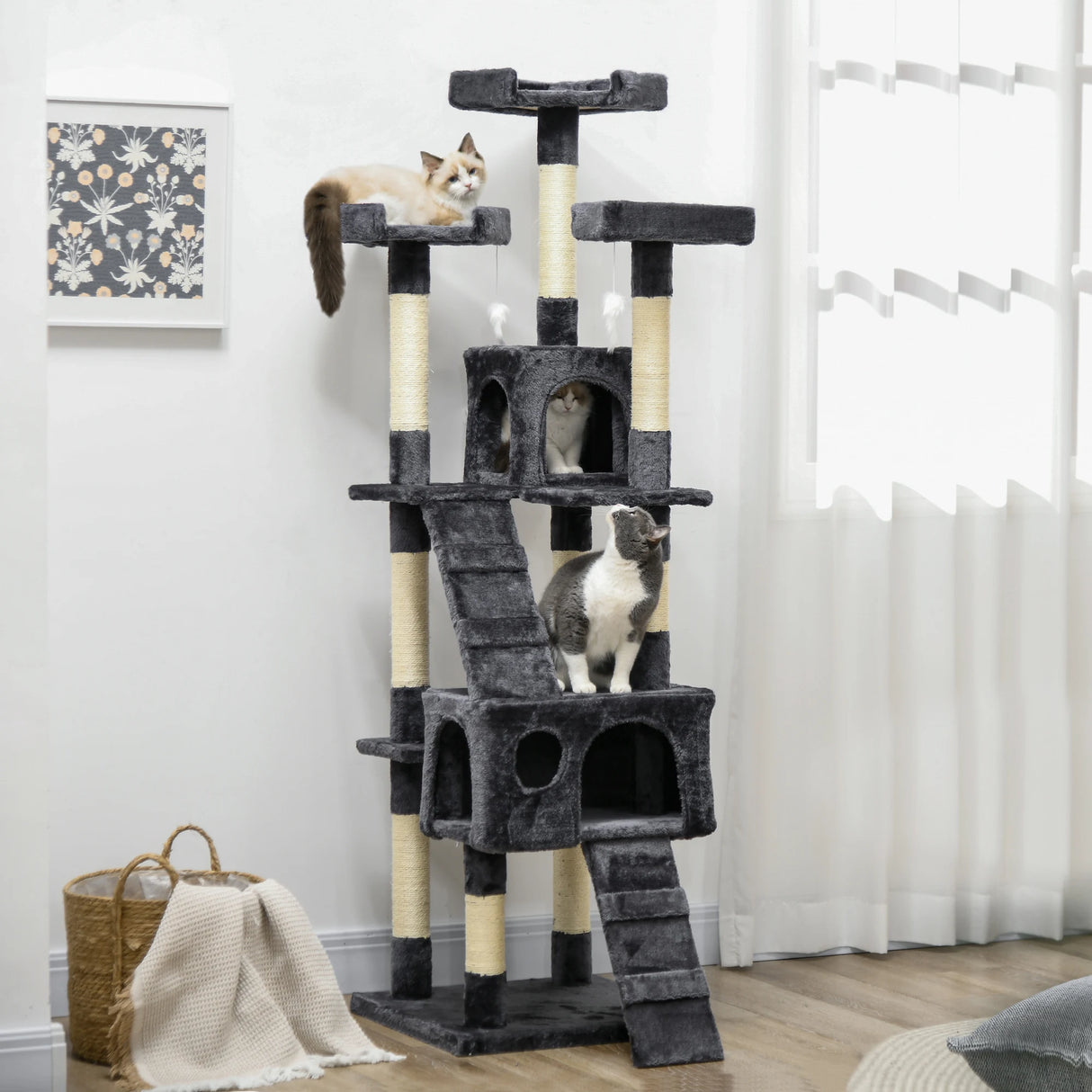 PawHut 173cm Cat Tree Scratching House, Activity Play Centre, Charcoal Grey