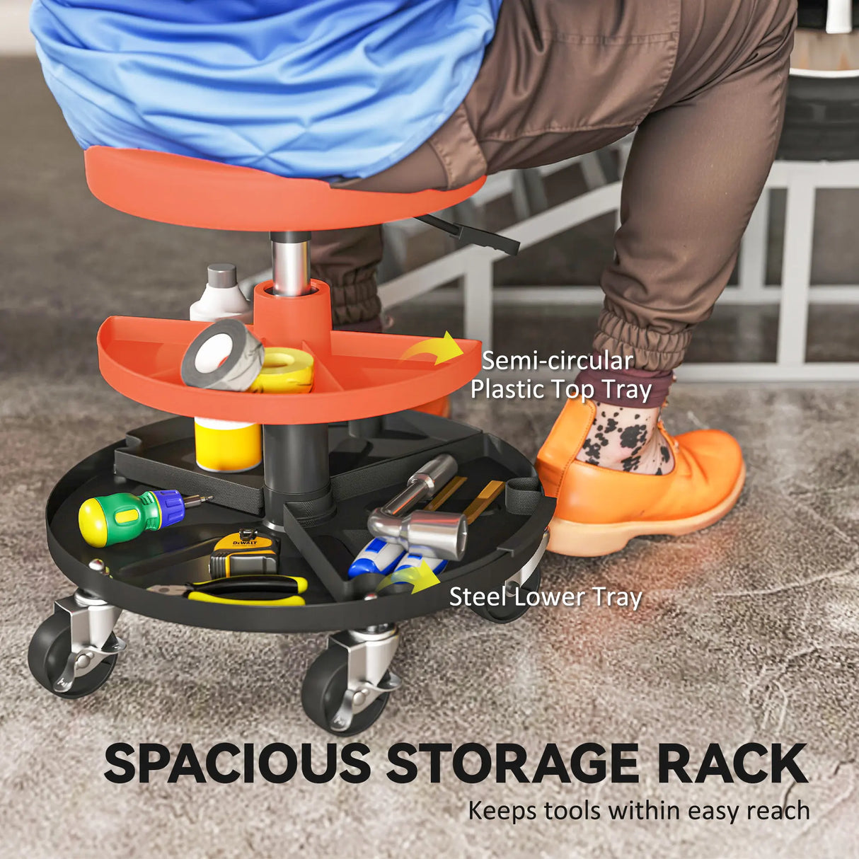 HOMCOM Rolling Mechanic Stool, 135kg Capacity Workshop Stool, 360 Swivel Roller Padded Creeper Seat with Wheels, Tool Trays Storage for Garage, Shop, Auto Repair, Yellow