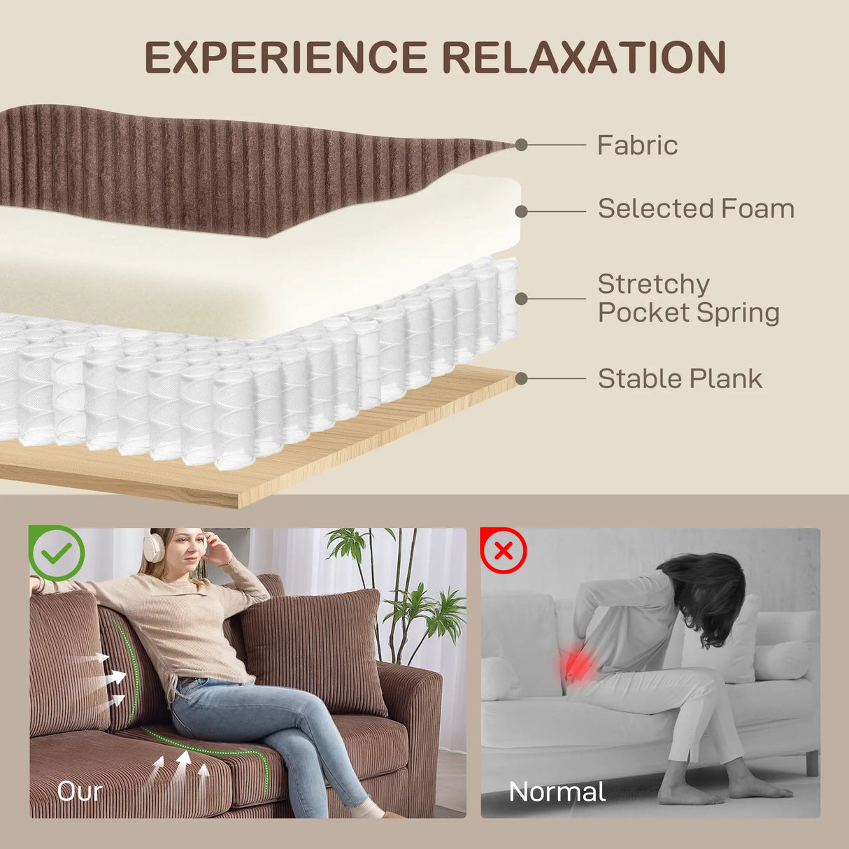 HOMCOM Modern 3 Seater Sofa with Spring Cushion, 212 cm Fabric Jumbo Cord Sofa Couch with 2 Scatter Cushions, Upholstered Corduroy Settee for Living Room, Bedroom, Home Office, Coffee