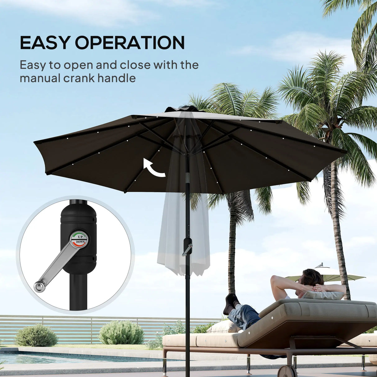 Outsunny 2.7m Garden Parasol Solar Outdoor Tilt Sun Umbrella Patio Sun Shade w/ 24 LED Light, Hand Crank and 8 Ribs, Black