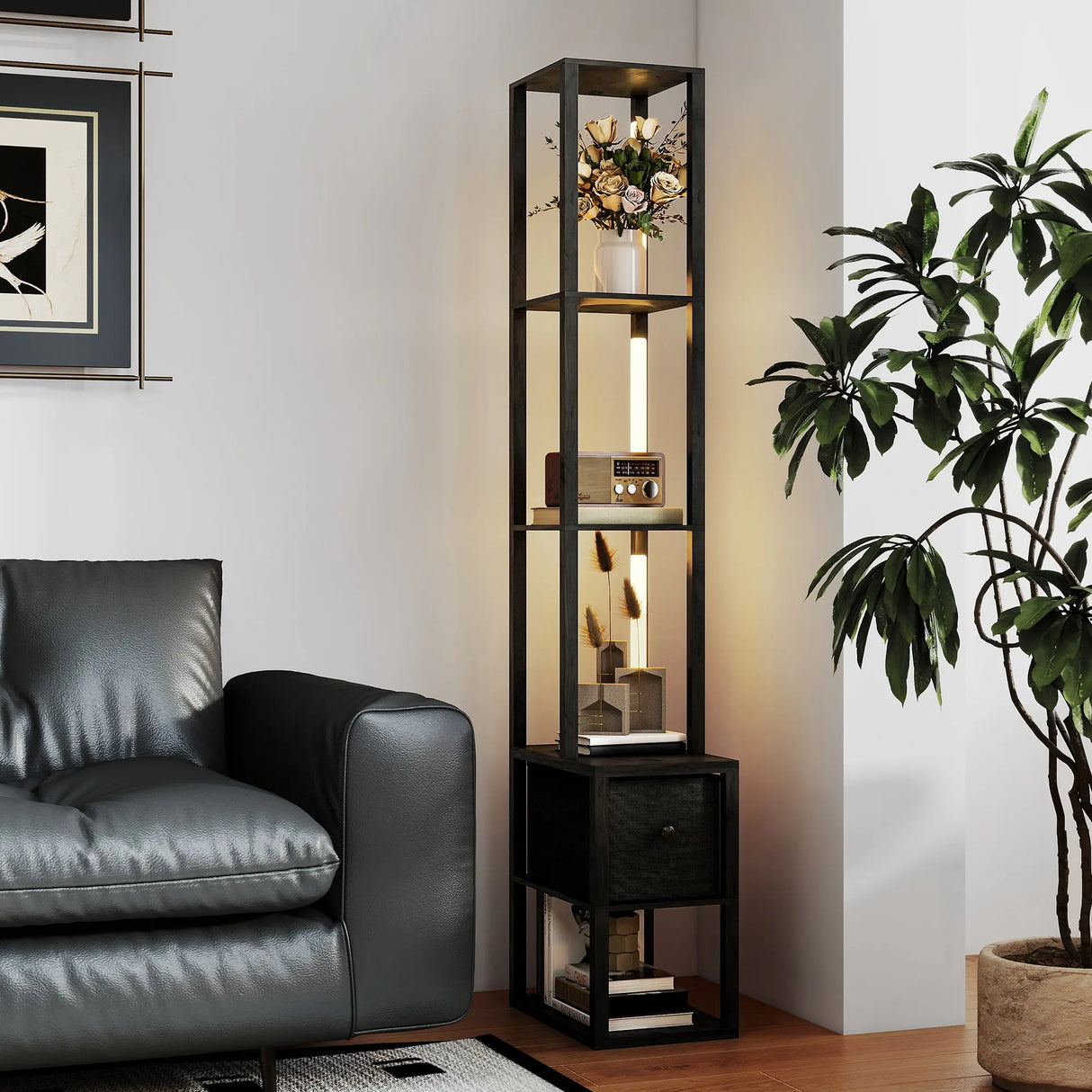 HOMCOM Floor Lamp with Shelves, LED Column Modern Standing Lamp with Fabric Drawer, Adjustable Brightness, Foot Switch for Living Room, Bedroom, Office, Black