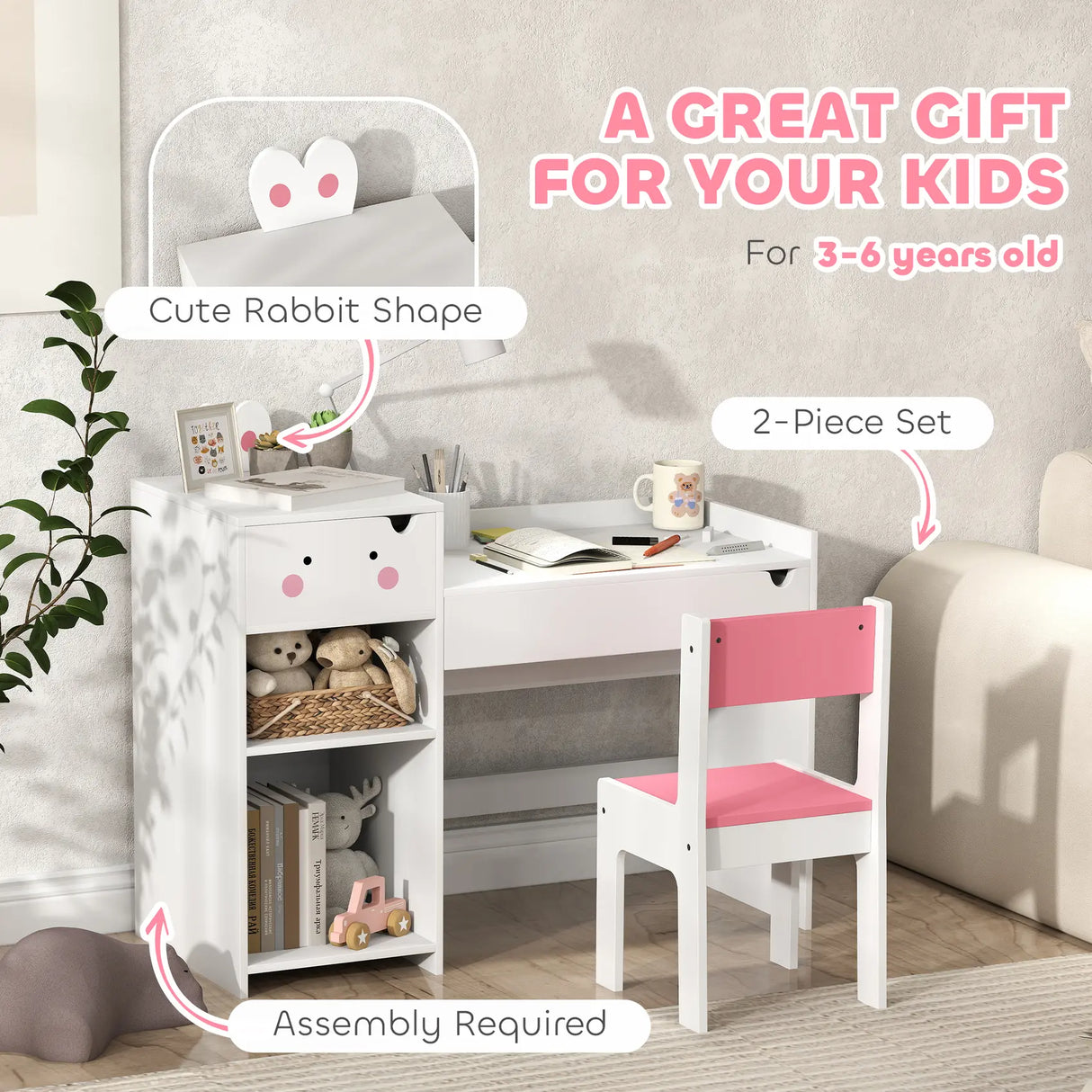 AIYAPLAY Rabbit-Themed Kids Desk and Chair Set with Bookcase, Drawers, Shelves, for Ages 3-6 Years, Whtie/Pink