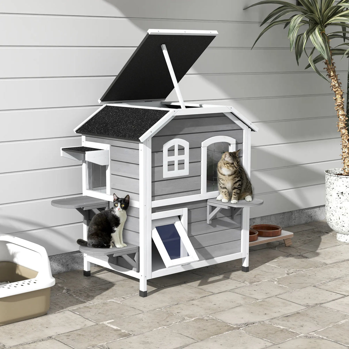 PawHut 2-story Cat House Outdoor, Weatherproof Wooden Cat Enclosure for Feral Cats with Escape Door, Openable Roof, Jumping Platforms, Grey